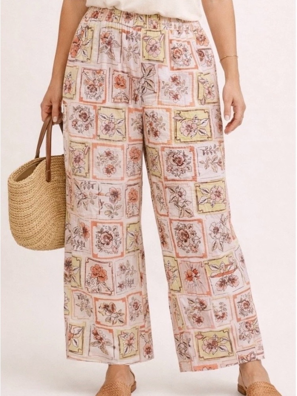Joie Pink Floral Patchwork Wide-Leg Pants - 100% Linen